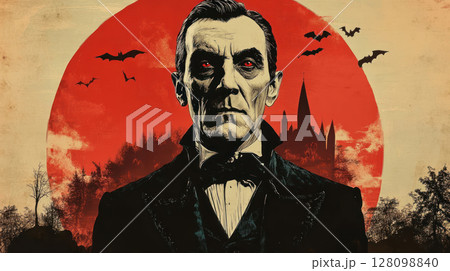 Dark Dracula figure with red eyes stands before red moon and castle in mysterious world filled with flying bats on spooky day 128098840