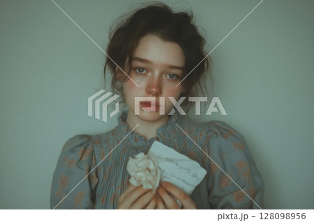 Tearful girl holds crumpled note, soft rose-grey space, silent heartbreak moment Tearful girl holds crumpled note, soft rose-grey space, silent heartbreak moment 128098956