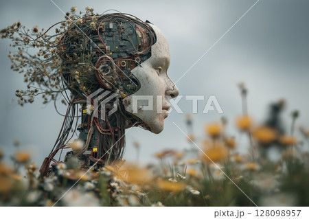 Tangled circuitry replaces human head over fading wildflowers under glitching sky Tangled circuitry replaces human head over fading wildflowers under glitching sky 128098957