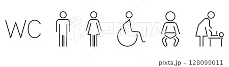 Wc And Restroom Symbols Line Icon Set. Inclusive Bathroom Sign For Men, Women, Disabled, Baby Changing and Family Facilities Outline Icon. Public Restroom Guidance. Isolated Vector Illustration 128099011