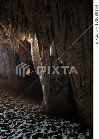 Djara Cave in Egypt with impressive stalagmites and natural rock formations. A hidden geological wonder in the heart of the Sahara desert	 128099143