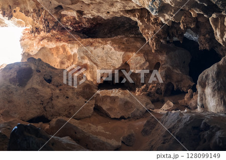 Djara Cave in Egypt with impressive stalagmites and natural rock formations. A hidden geological wonder in the heart of the Sahara desert	 128099149