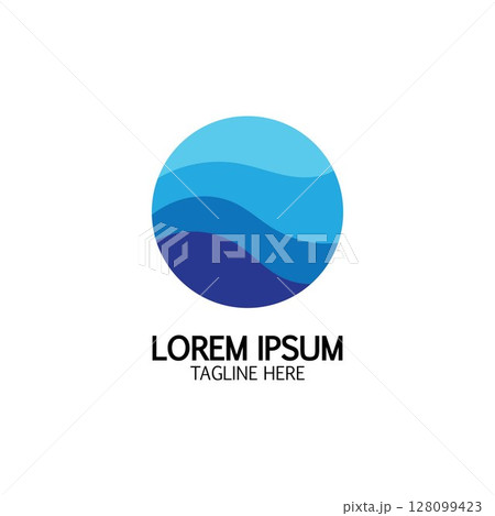 Isolated round shape logo. Blue color logotype. Flowing water image. Sea, ocean, river surface. 128099423