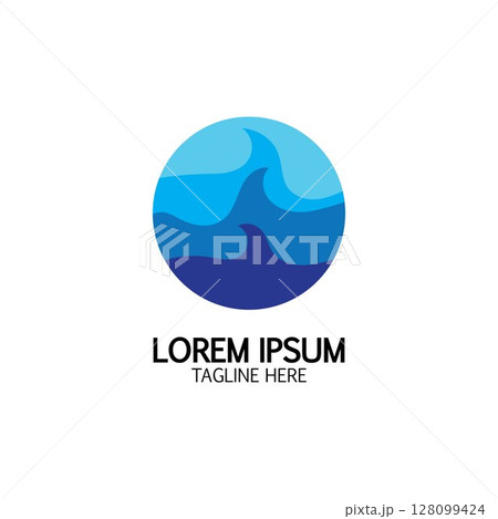 Isolated round shape logo. Blue color logotype. Flowing water image. Sea, ocean, river surface. Isolated round shape logo. Blue color logotype. Flowing water image. Sea, ocean, river surface. 128099424