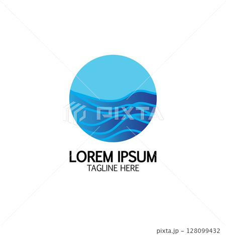 Isolated round shape logo. Blue color logotype. Flowing water image. Sea, ocean, river surface. Isolated round shape logo. Blue color logotype. Flowing water image. Sea, ocean, river surface. 128099432