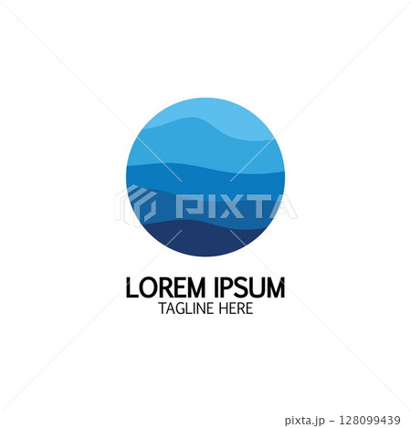 Isolated round shape logo. Blue color logotype. Flowing water image. Sea, ocean, river surface. Isolated round shape logo. Blue color logotype. Flowing water image. Sea, ocean, river surface. 128099439