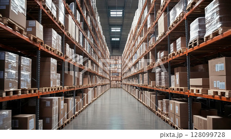 Distribution center with box packaging on shelves Distribution center with box packaging on shelves 128099728