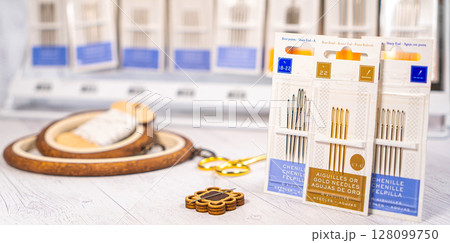 Accessories for hobby. Hoop snaps, threads, needles and scissors. Vintage tools for embroidery and knitting Accessories for hobby. Hoop snaps, threads, needles and scissors. Vintage tools for embroidery and knitting 128099750