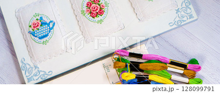 Threads for embroidery. Embroidered picture. Set for beading. Threads for embroidery. Embroidered picture. Set for beading. 128099791