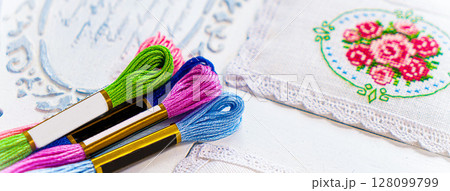 Threads for embroidery. Embroidered picture. Set for beading. Threads for embroidery. Embroidered picture. Set for beading. 128099799