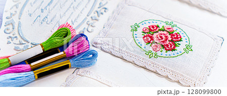 Threads for embroidery. Embroidered picture. Set for beading. 128099800