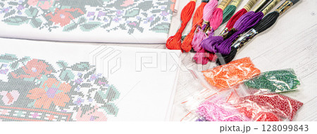 Palette of thread colors. Threads for embroidery knitting Palette of thread colors. Threads for embroidery knitting 128099843