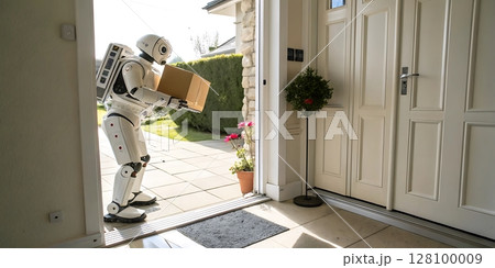 A robot delivering a package to a house standing at the doorway with a box in its hands outside 128100009