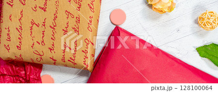 Delivery mail post postal packages red and craft paper 128100064