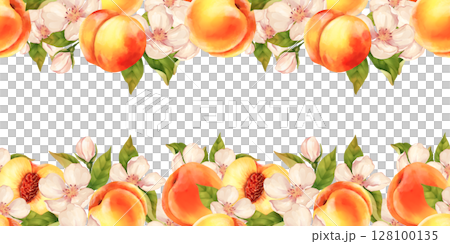 Peach and Blossom Seamless Border Pattern. Hand Drawn illustration 128100135