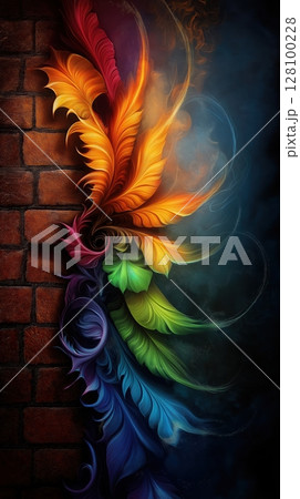 Fractal phoenix feather design with flowing rainbow colors against brick wall emerging from smoky darkness. Creative evolution concept. 128100228