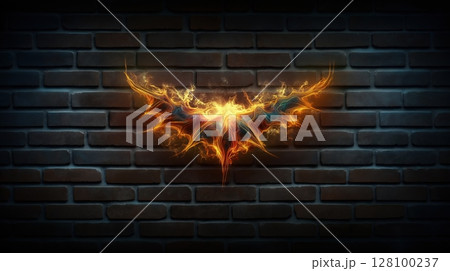 Phoenix-like energy form with spreading fiery wings manifesting against dark brick wall with ethereal glow. Spiritual rebirth concept. Phoenix-like energy form with spreading fiery wings manifesting against dark brick wall with ethereal glow. Spiritual rebirth concept. 128100237
