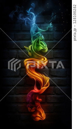 Ethereal smoke-like form in rainbow colors ascending against dark brick wall with starlit background. Spiritual ascension concept 128100282