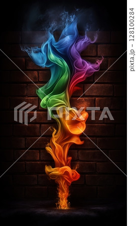 Ethereal rainbow smoke column rising from flame base against dark brick wall with fluid color transitions. Spiritual ascension concept. 128100284