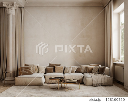 Classic beige interior with blank wall, sofa, pillows, column, fur carpet, coffee table and wood floor, 3d render illustration mockup. Classic beige interior with blank wall, sofa, pillows, column, fur carpet, coffee table and wood floor, 3d render illustration mockup. 128100320