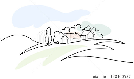 Landscape with village houses on hill. Continuous one line drawing. 128100587