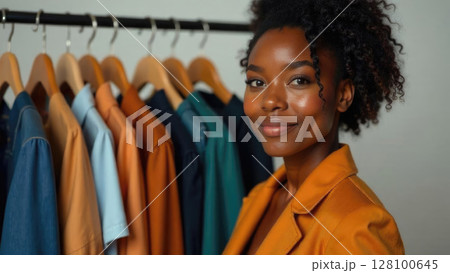 portrait of an African-American stylist with curly hair in a trendy mustard jacket, on the background of a clothes rack portrait of an African-American stylist with curly hair in a trendy mustard jacket, on the background of a clothes rack 128100645