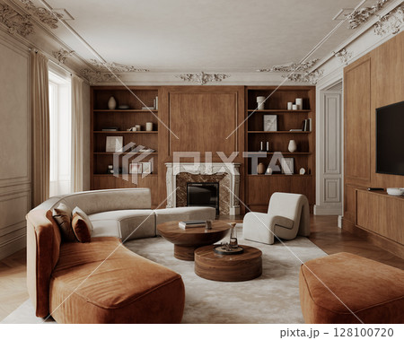 Classic interior with wood panels, fireplace, tv hanging console, sofa, armchair, coffee tables and decor. 3d render illustration mockup. Classic interior with wood panels, fireplace, tv hanging console, sofa, armchair, coffee tables and decor. 3d render illustration mockup. 128100720