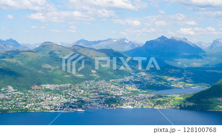 Norway. North. Panoramic view of the town in the fjord. Scandinavian architecture. 128100768