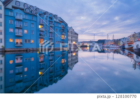 Aalesund, Norway. North. View of the town. Old buildings in the city center. 128100770