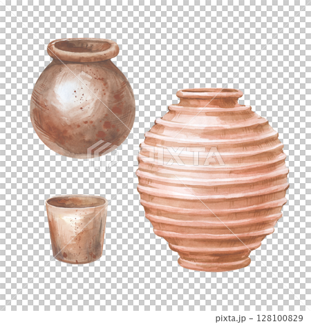 A set of different clay pots. Hand drawn watercolor illustration isolated on white. A clipart for postcards, invitations, and scrapbooking. A set of different clay pots. Hand drawn watercolor illustration isolated on white. A clipart for postcards, invitations, and scrapbooking. 128100829