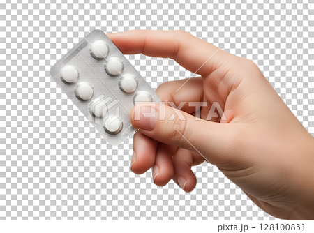 Hand holding blister pack of white pills, medication or supplement, isolated on transparent background, pharmacy, treatment, prescription drugs, healthcare 128100831