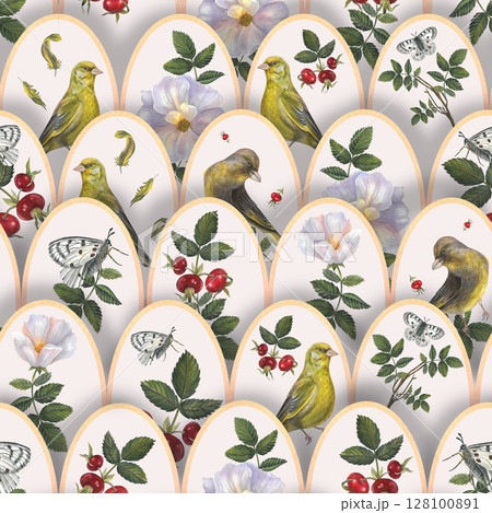 Vintage seamless pattern of rose hips, leaves, branches of rose hips, white Apollo butterfly and greenfinchs birds. Watercolor illustrations are hand drawn. For design of wrapping paper, postcards 128100891