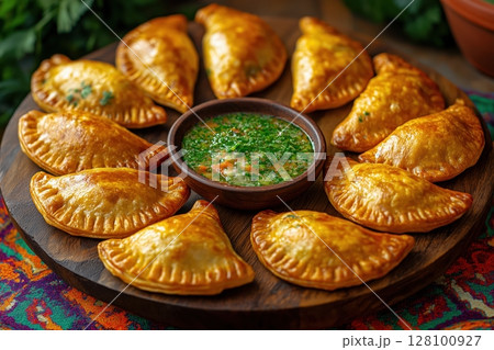 Tex-Mex Chicken Empanadas with Cilantro-Lime Sauce and Embroidered Cloth 128100927