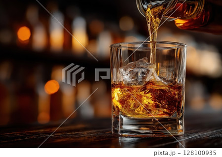 Whiskey Pouring Over Ice Ball in Classic Glass at Elegant Bar 128100935