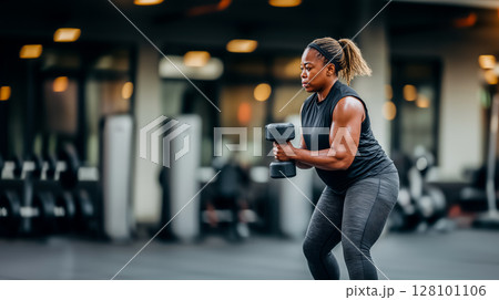 Adult woman during dumbbell training in the gym, plus size black woman exercising in the gym, copy space for health and exercise concept 128101106