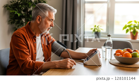 An elderly man measures his blood pressure at home with a modern medical device, copy space about the concept of routine health checks and healthy habits without visiting a doctor An elderly man measures his blood pressure at home with a modern medical device, copy space about the concept of routine health checks and healthy habits without visiting a doctor 128101144