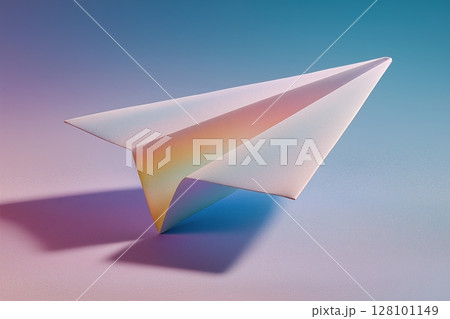 White paper airplane on pastel background with soft shadows and paused motion 128101149