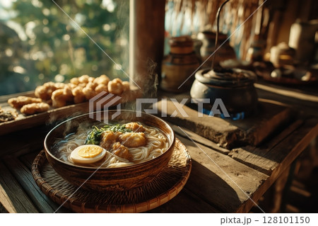 Burmese mohinga served warmly in bamboo hut with morning light and stove 128101150