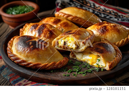 Golden empanadas Tucumanas on rustic surface beside chimichurri and clay bowl 128101151