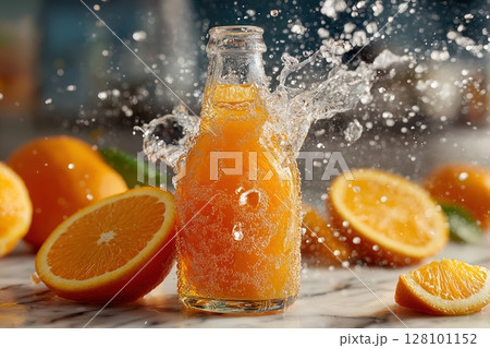 Fizz erupts from orange soda bottle, slices sparkle on marble surface 128101152