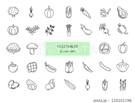 Vegetables, 32 black line vector icons 128101196
