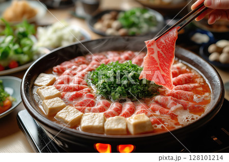 Shabu-shabu hot pot with wagyu beef, tofu, vegetables in tatami room 128101214