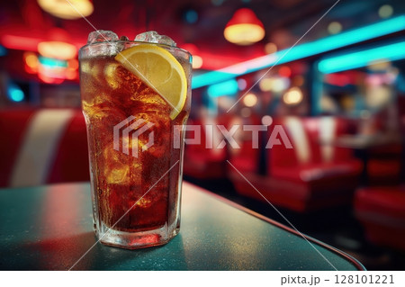 Tall glass of cola with ice and lemon in retro 1950s American diner 128101221