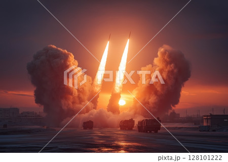 Three ballistic missiles launch into smoky dusk sky with fiery exhaust trails 128101222