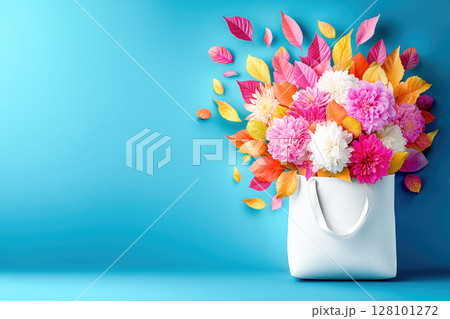 Autumn flowers in white bag on blue background 128101272