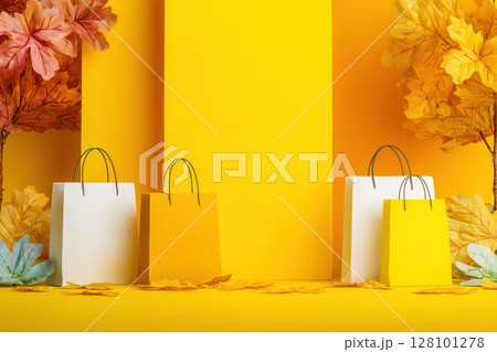 Shopping bags with autumn leaves on a bright yellow background, vibrant seasonal composition 128101278