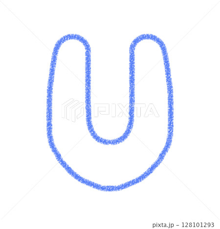 アルファベットU　 手書き文字　かわいい　素材　青　イラスト　素材　アイコン　クレヨン風 128101293