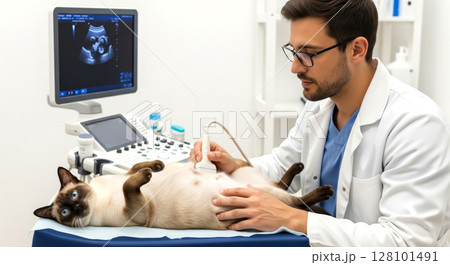 Male veterinarian performs ultrasound on a Siamese cat, image displayed on screen. Pet care and diagnostic procedure. 128101491