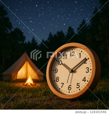夜の森と時計、焚き火とテントのある風景 128101548