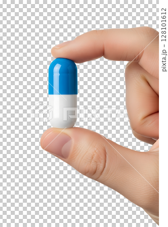 Blue and white capsule held between fingers, medicine or supplement, isolated on transparent background, healthcare, pharmacy, dosage concept Blue and white capsule held between fingers, medicine or supplement, isolated on transparent background, healthcare, pharmacy, dosage concept 128101612